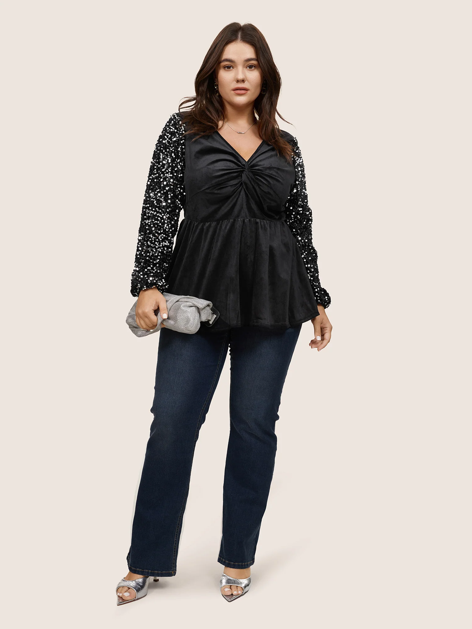 Patchwork Velvet Twist Front Elastic Waist Sequin Blouse - Image 2