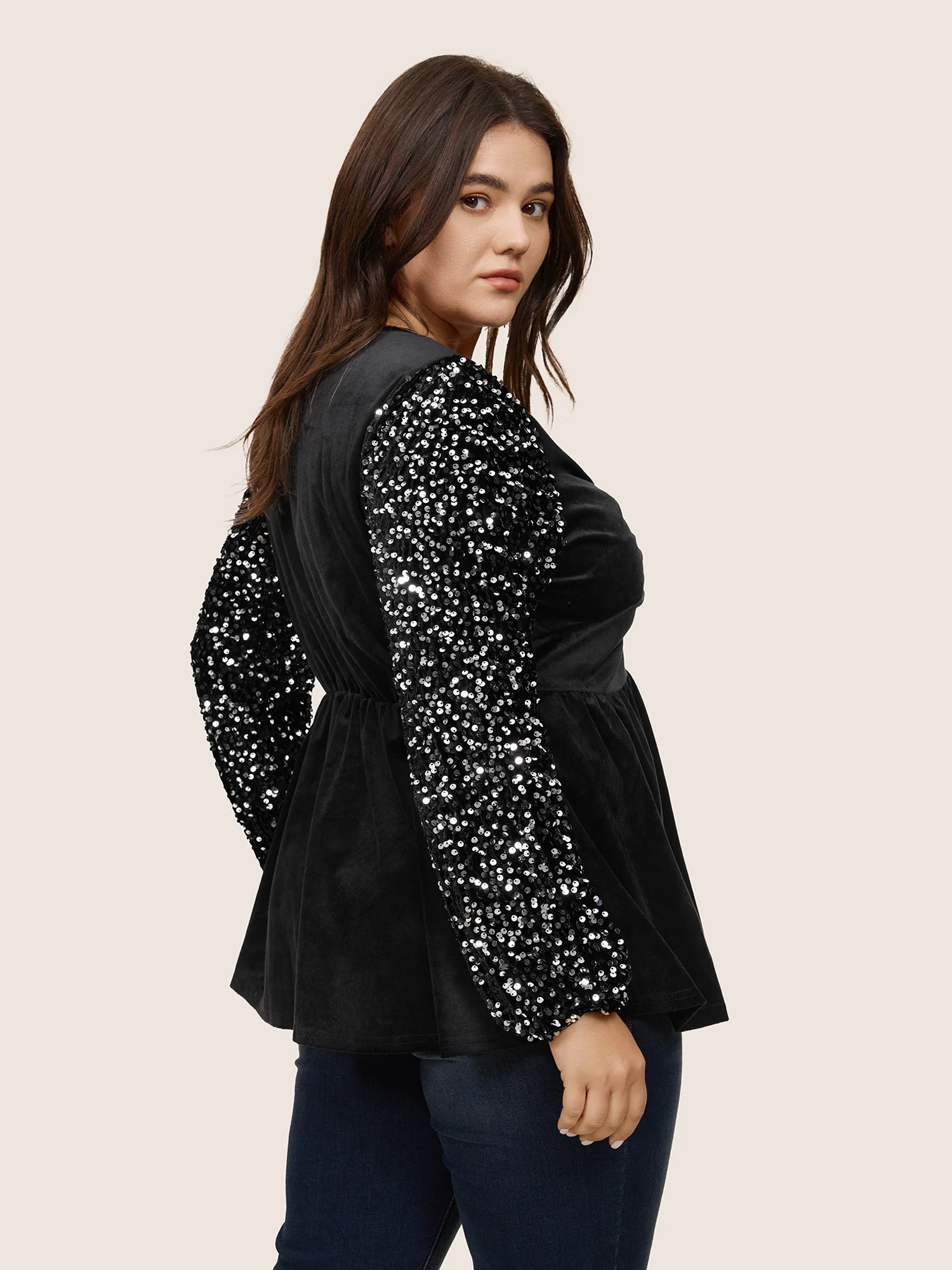 Patchwork Velvet Twist Front Elastic Waist Sequin Blouse - Image 4