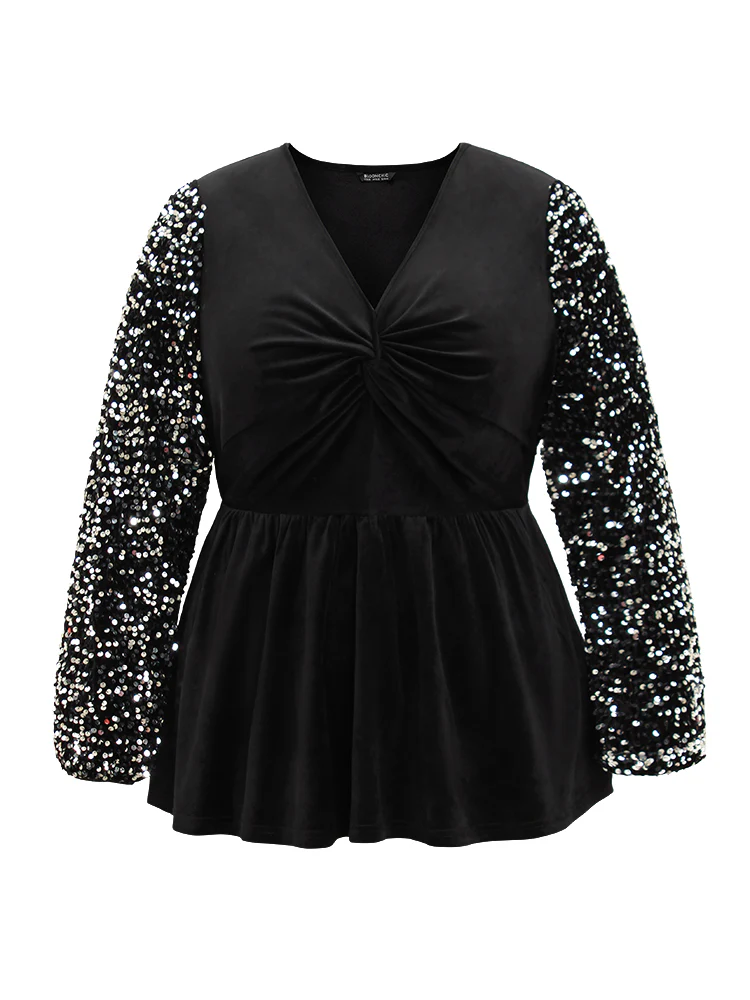 Patchwork Velvet Twist Front Elastic Waist Sequin Blouse - Image 5