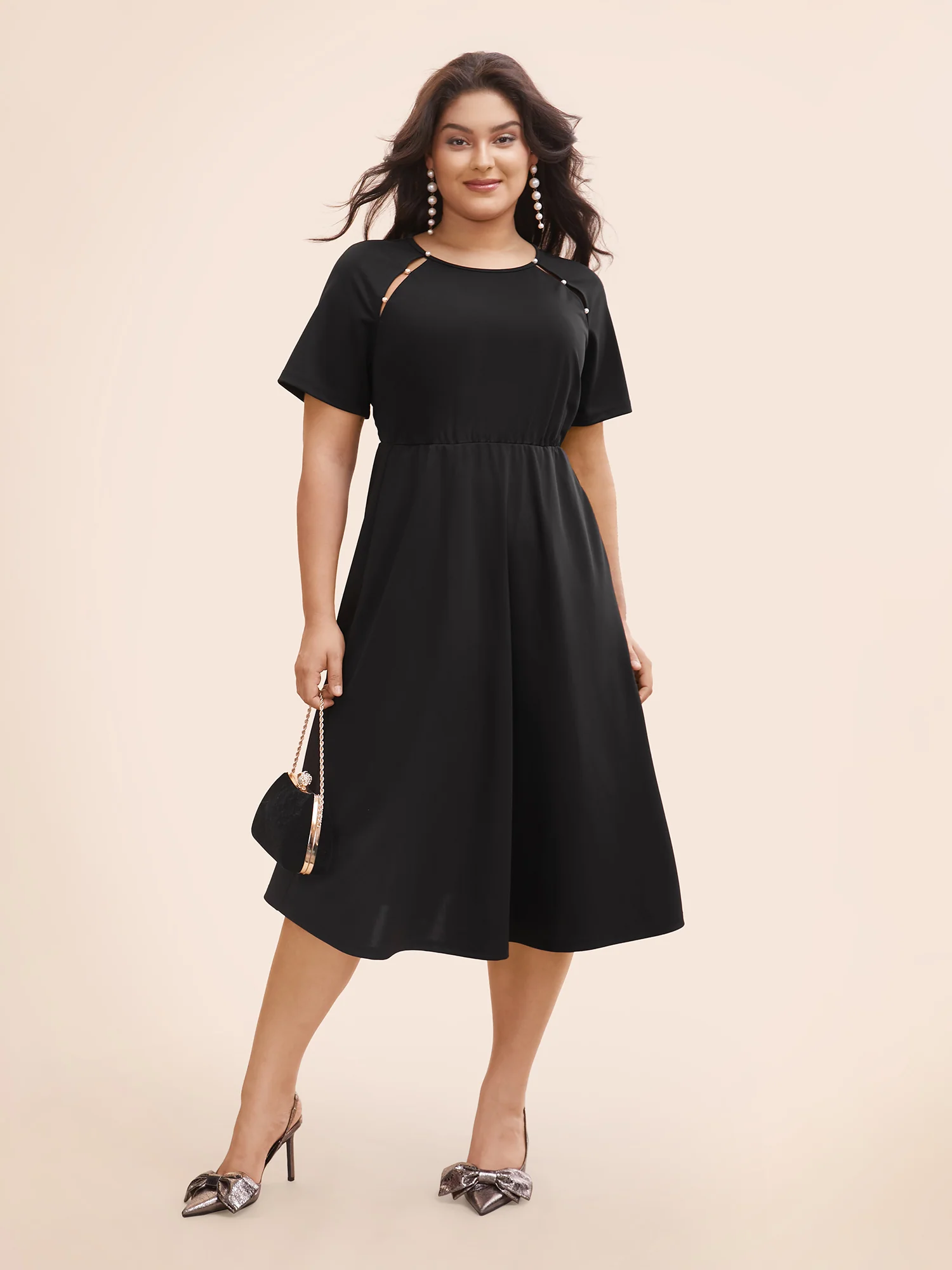 Pearl Beaded Cut Out Raglan Sleeve Dress - Image 2