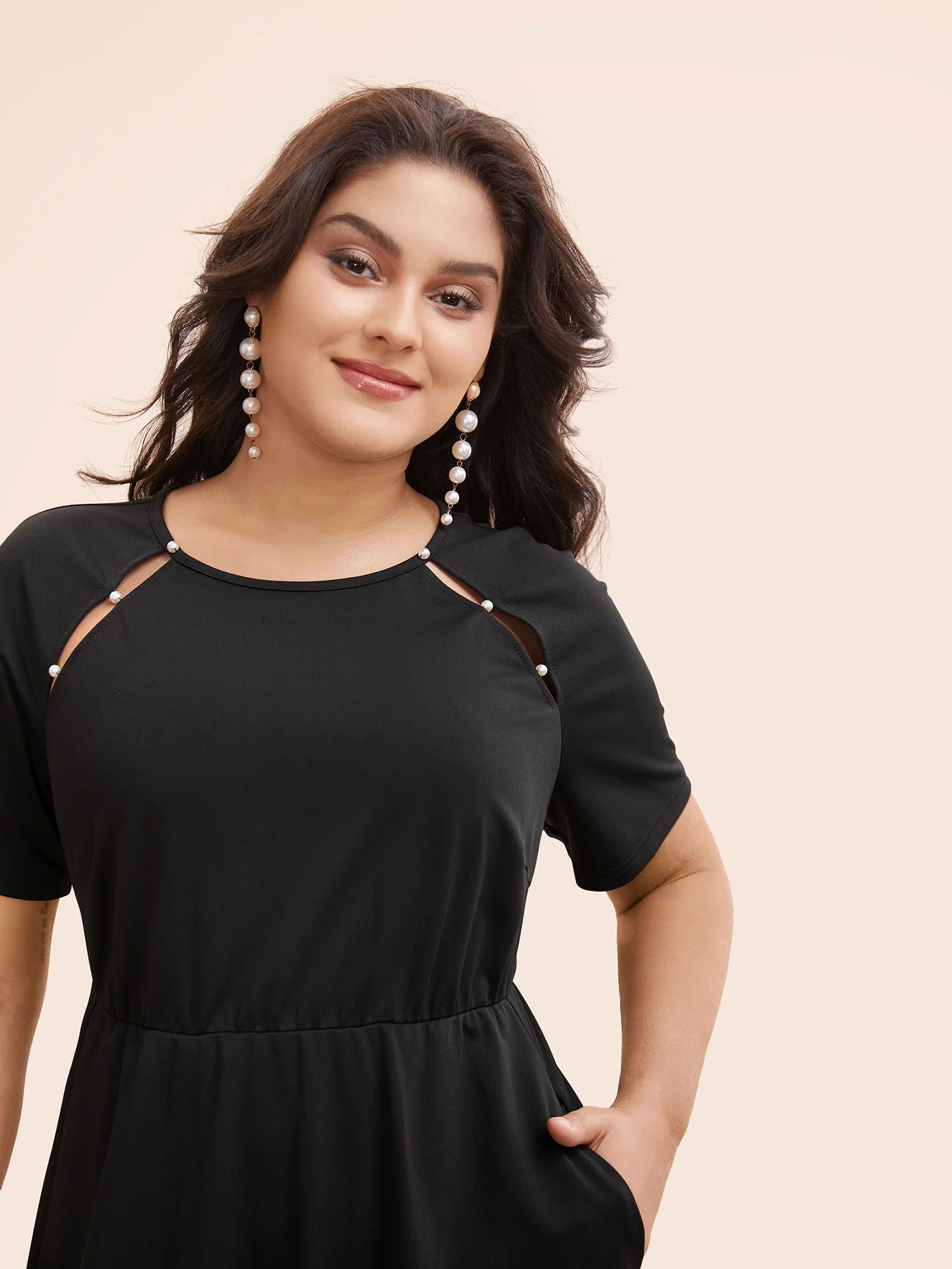Pearl Beaded Cut Out Raglan Sleeve Dress - Image 4