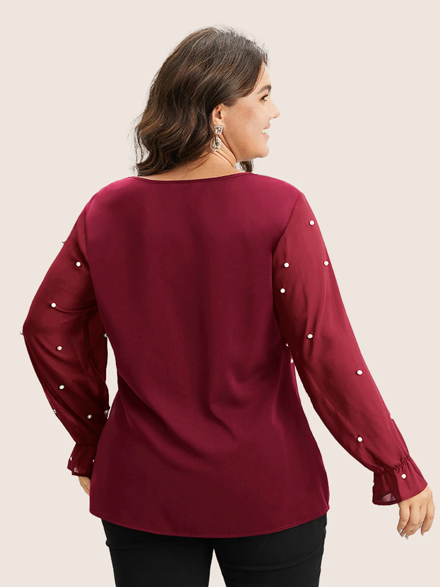 Pearl Beaded Mesh Patchwork Ruffles Blouse - Image 2