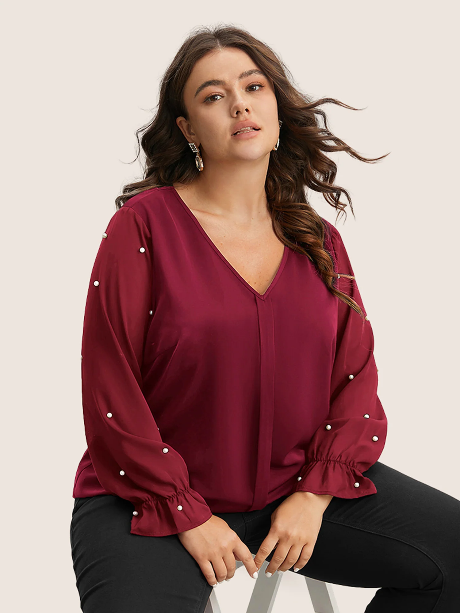 Pearl Beaded Mesh Patchwork Ruffles Blouse - Image 3