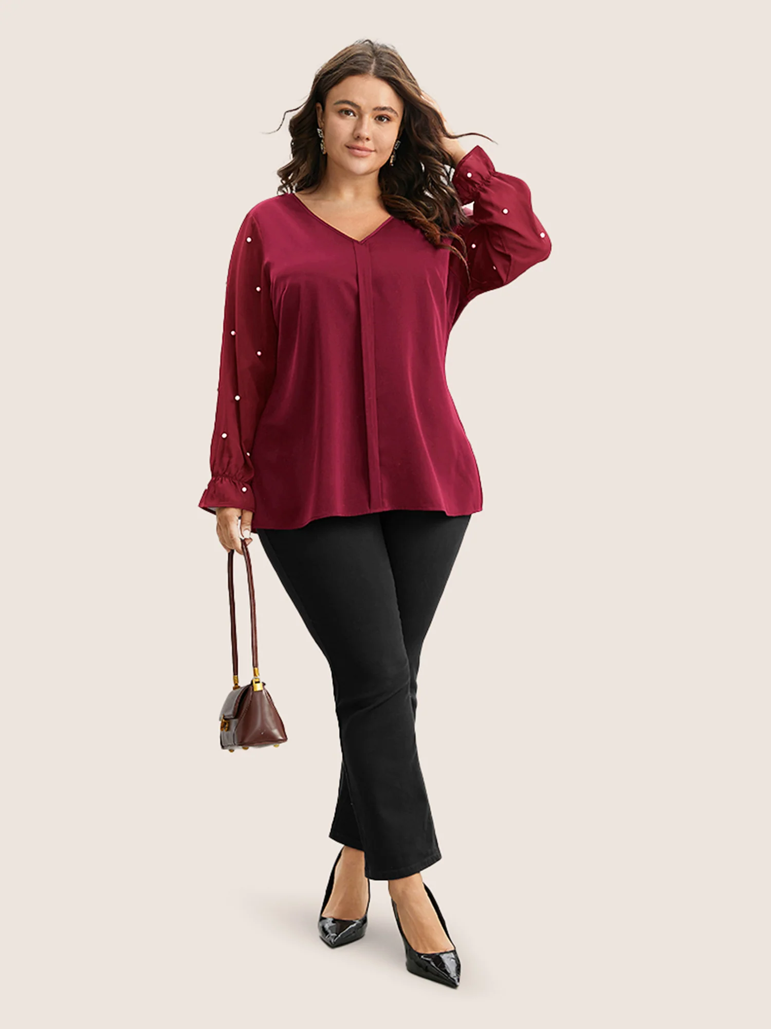 Pearl Beaded Mesh Patchwork Ruffles Blouse - Image 4