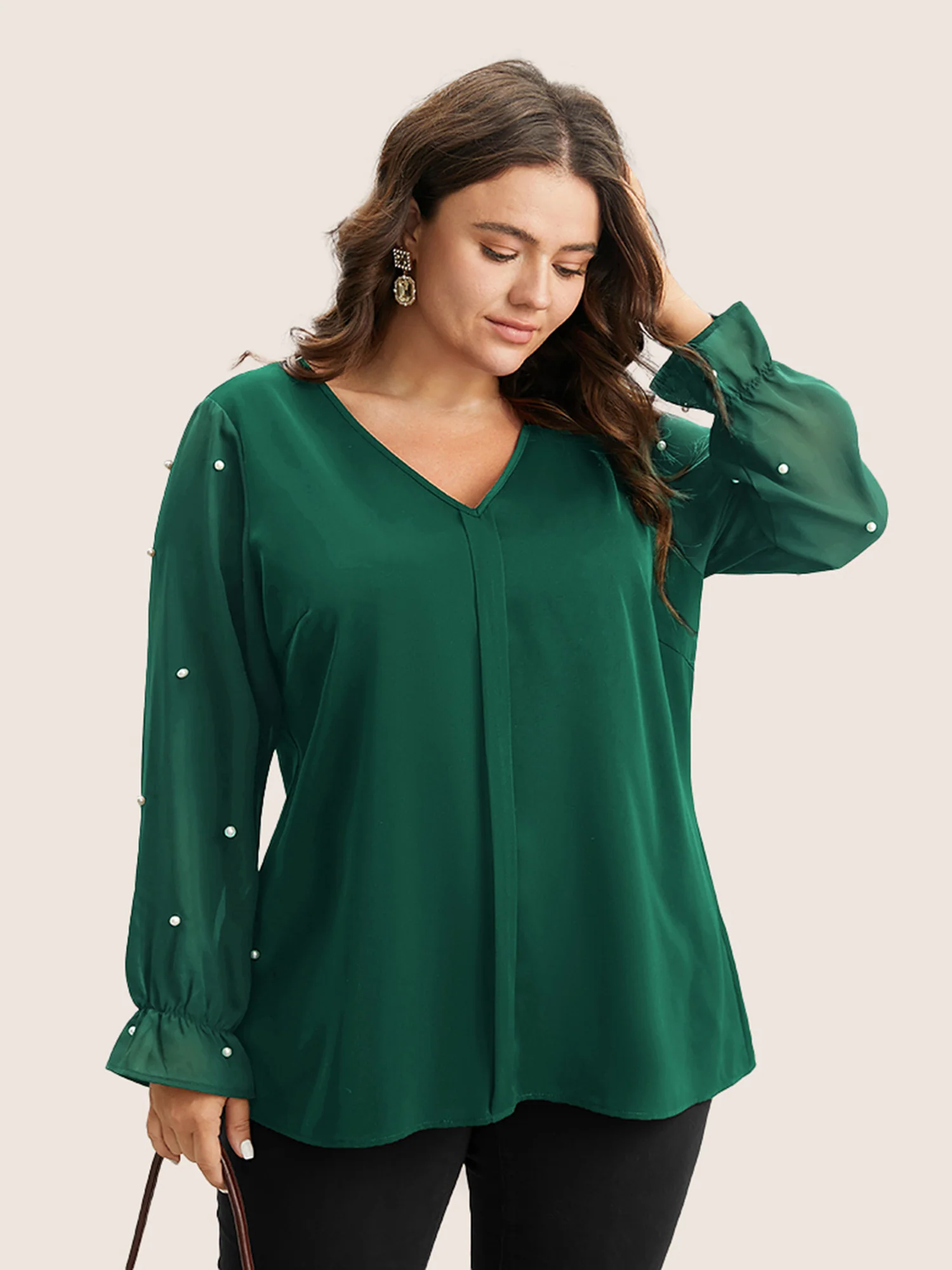 Pearl Beaded Mesh Patchwork Ruffles Blouse - Image 5