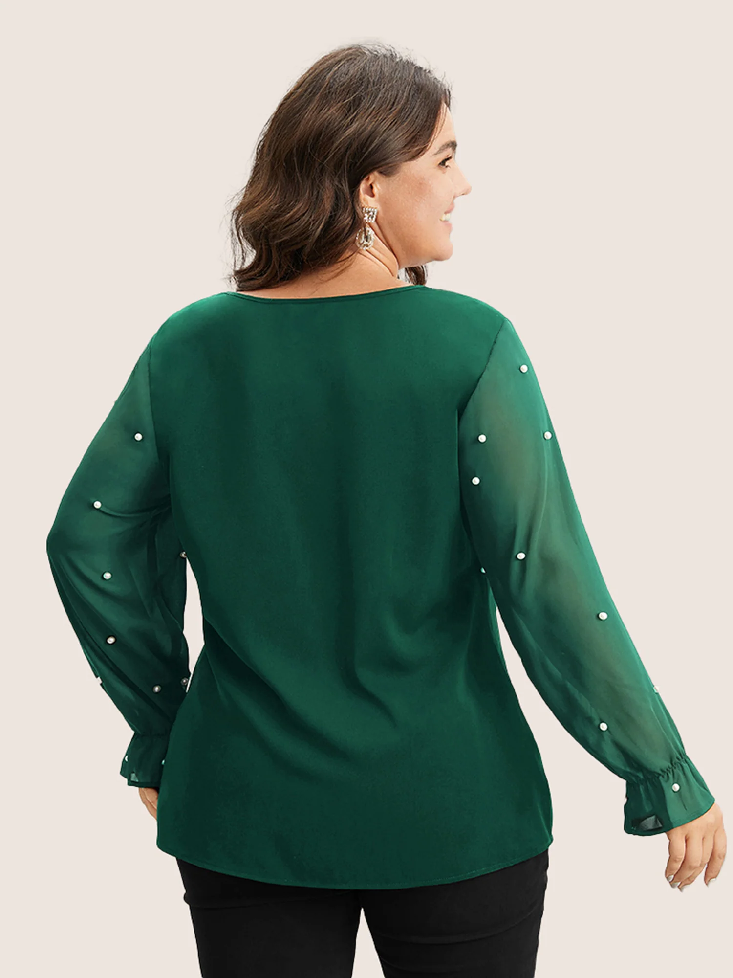Pearl Beaded Mesh Patchwork Ruffles Blouse - Image 6