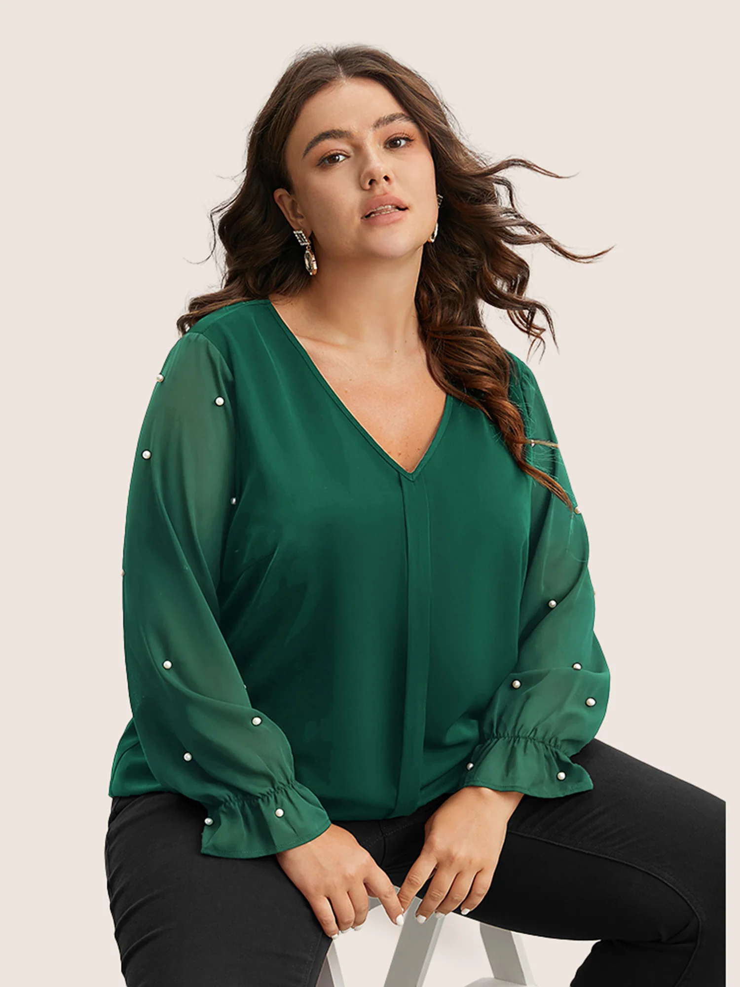 Pearl Beaded Mesh Patchwork Ruffles Blouse - Image 7