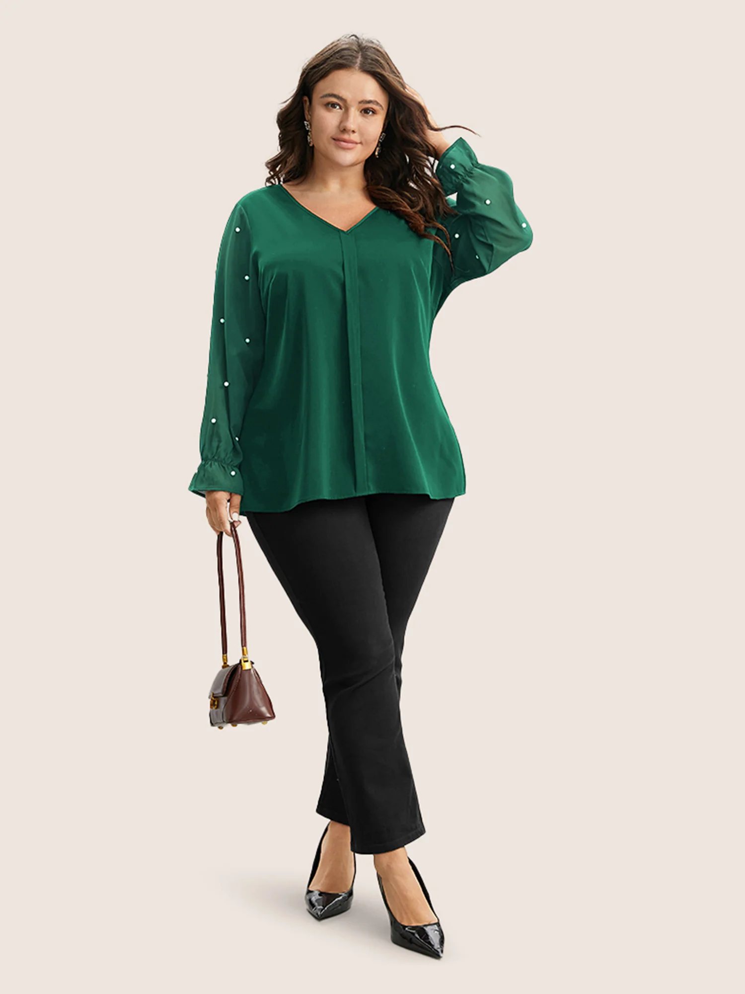 Pearl Beaded Mesh Patchwork Ruffles Blouse - Image 8