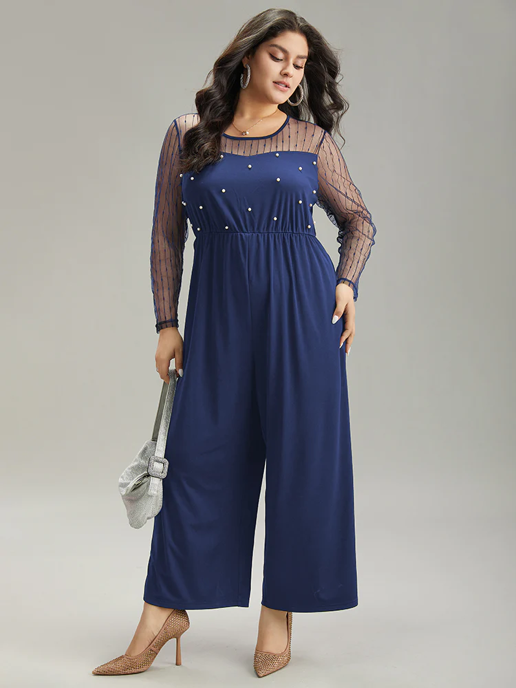 Pearl Beaded Mesh Patchwork Zipper Jumpsuit - Image 2