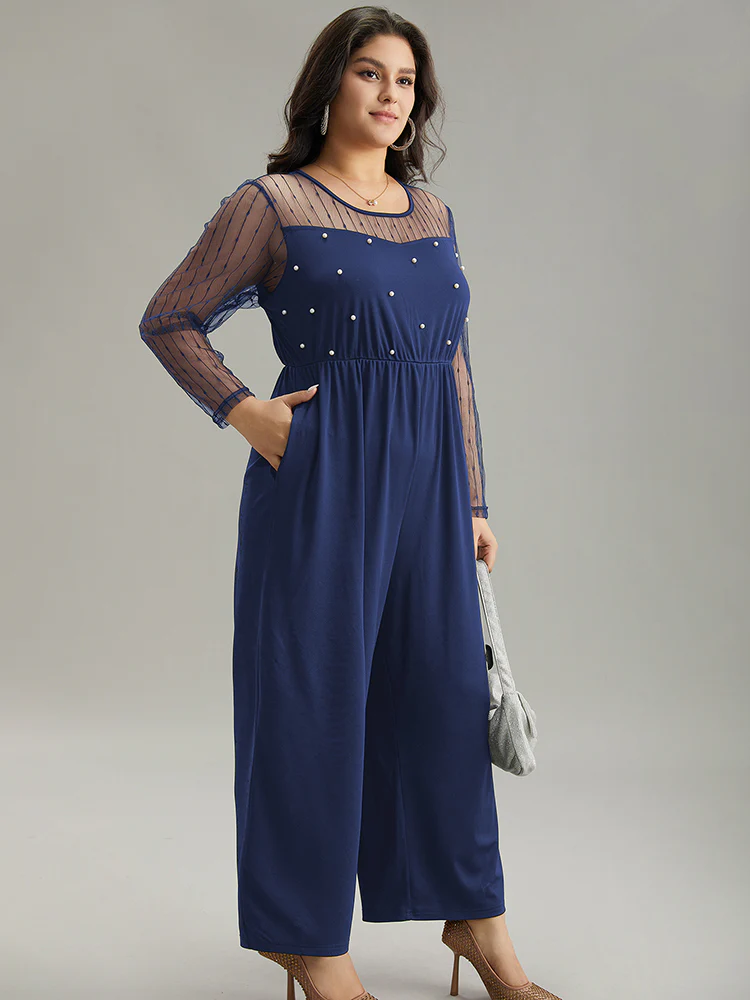 Pearl Beaded Mesh Patchwork Zipper Jumpsuit - Image 3