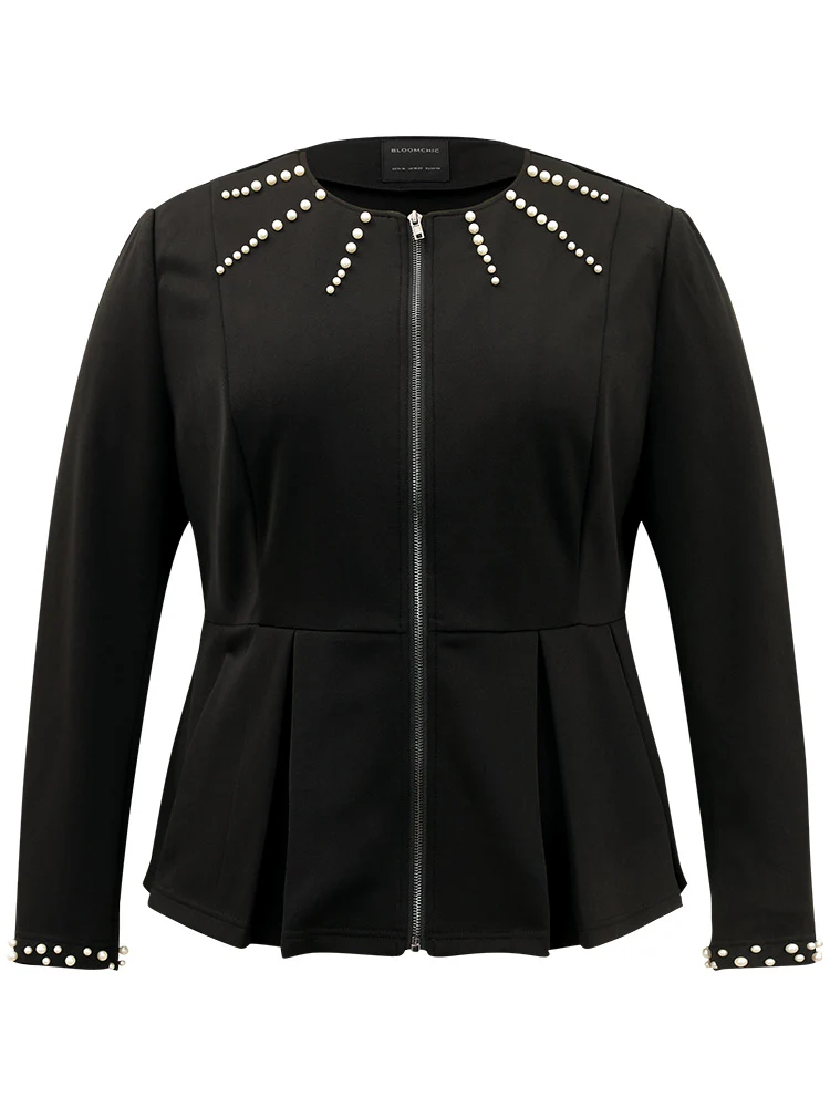 Pearl Beaded Zipper Plicated Detail Coat - Image 11