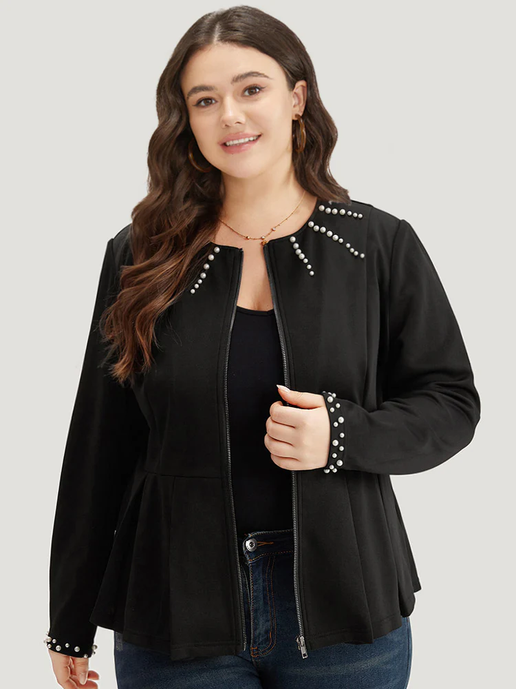 Pearl Beaded Zipper Plicated Detail Coat - Image 2