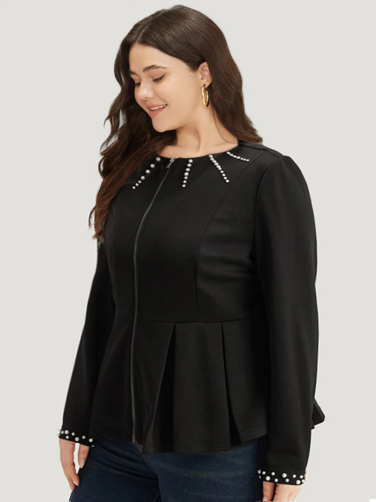 Pearl Beaded Zipper Plicated Detail Coat - Image 3