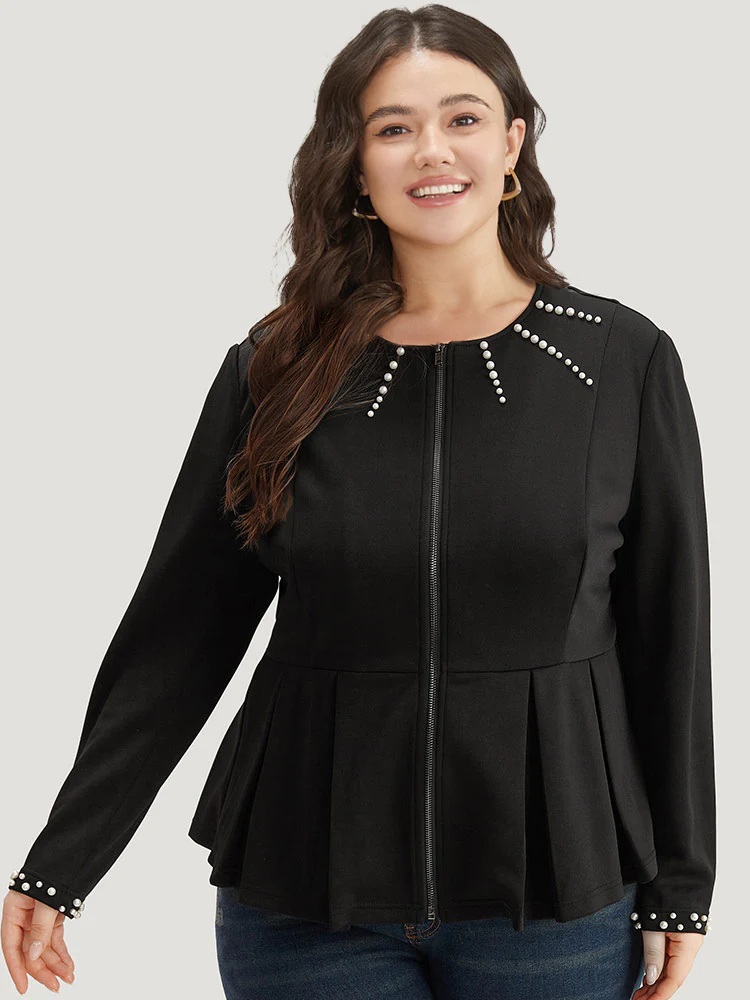 Pearl Beaded Zipper Plicated Detail Coat - Image 4