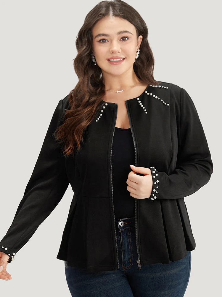 Pearl Beaded Zipper Plicated Detail Coat - Image 5