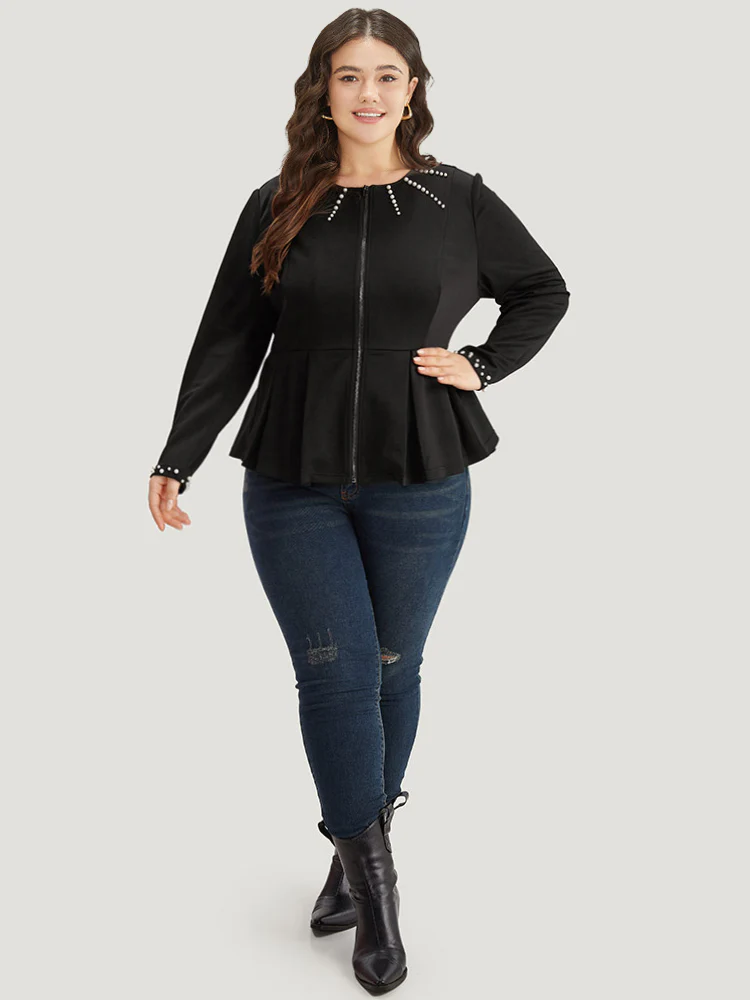 Pearl Beaded Zipper Plicated Detail Coat - Image 6