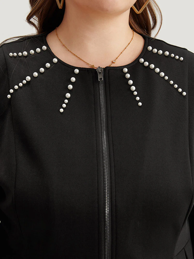 Pearl Beaded Zipper Plicated Detail Coat - Image 8