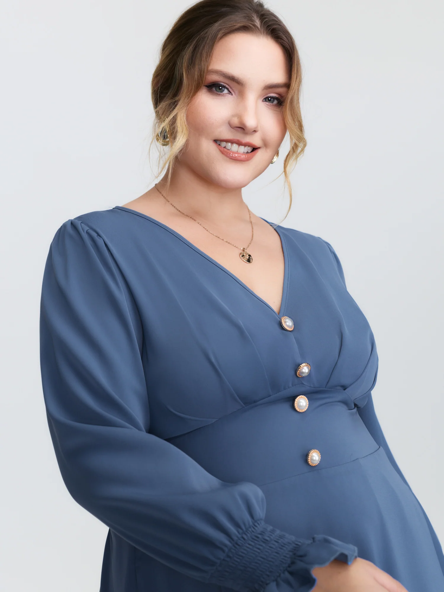 Pearl Metal Trim Buttons Shirred Midi Dress - Image 2
