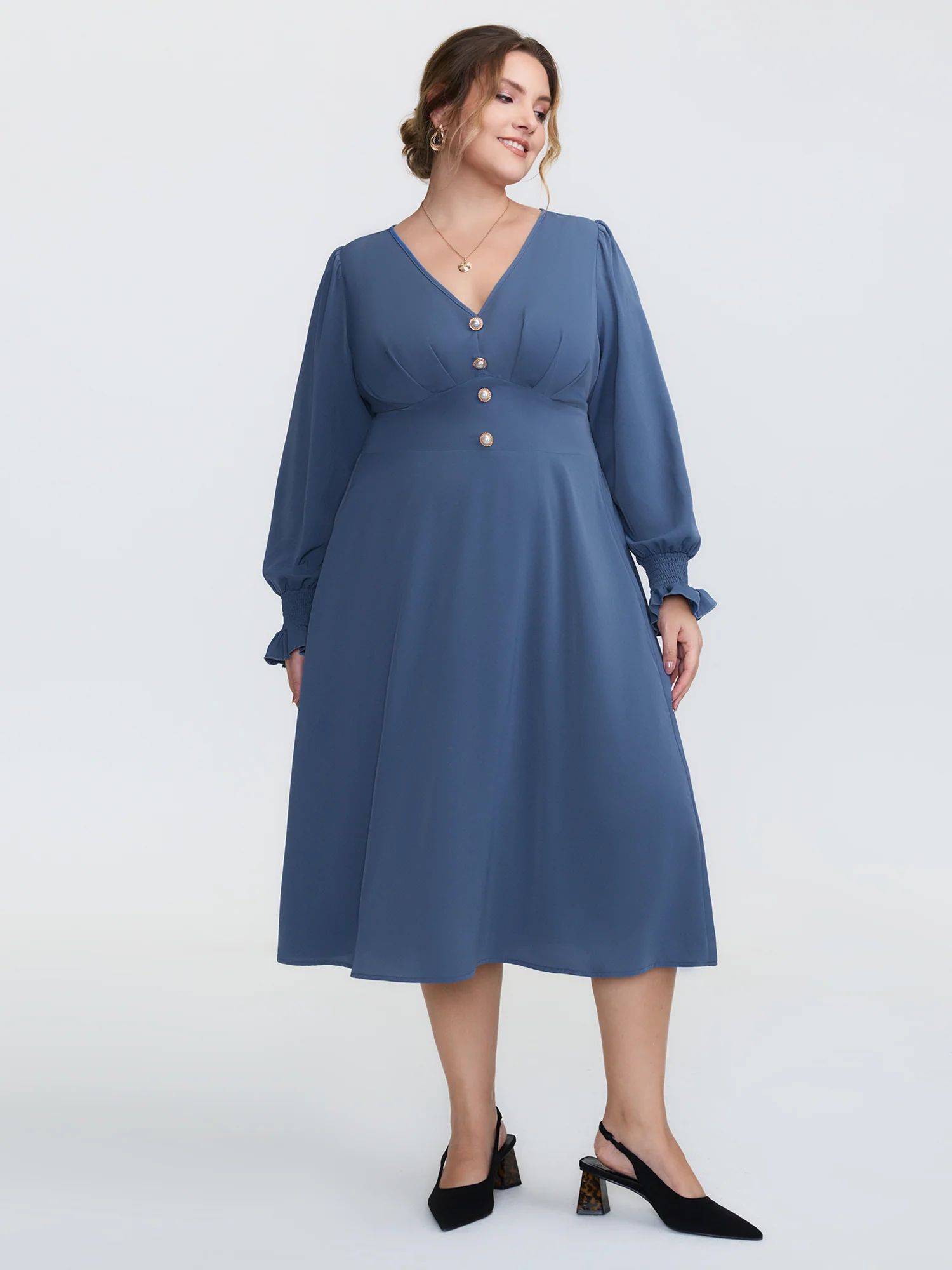 Pearl Metal Trim Buttons Shirred Midi Dress - Image 3