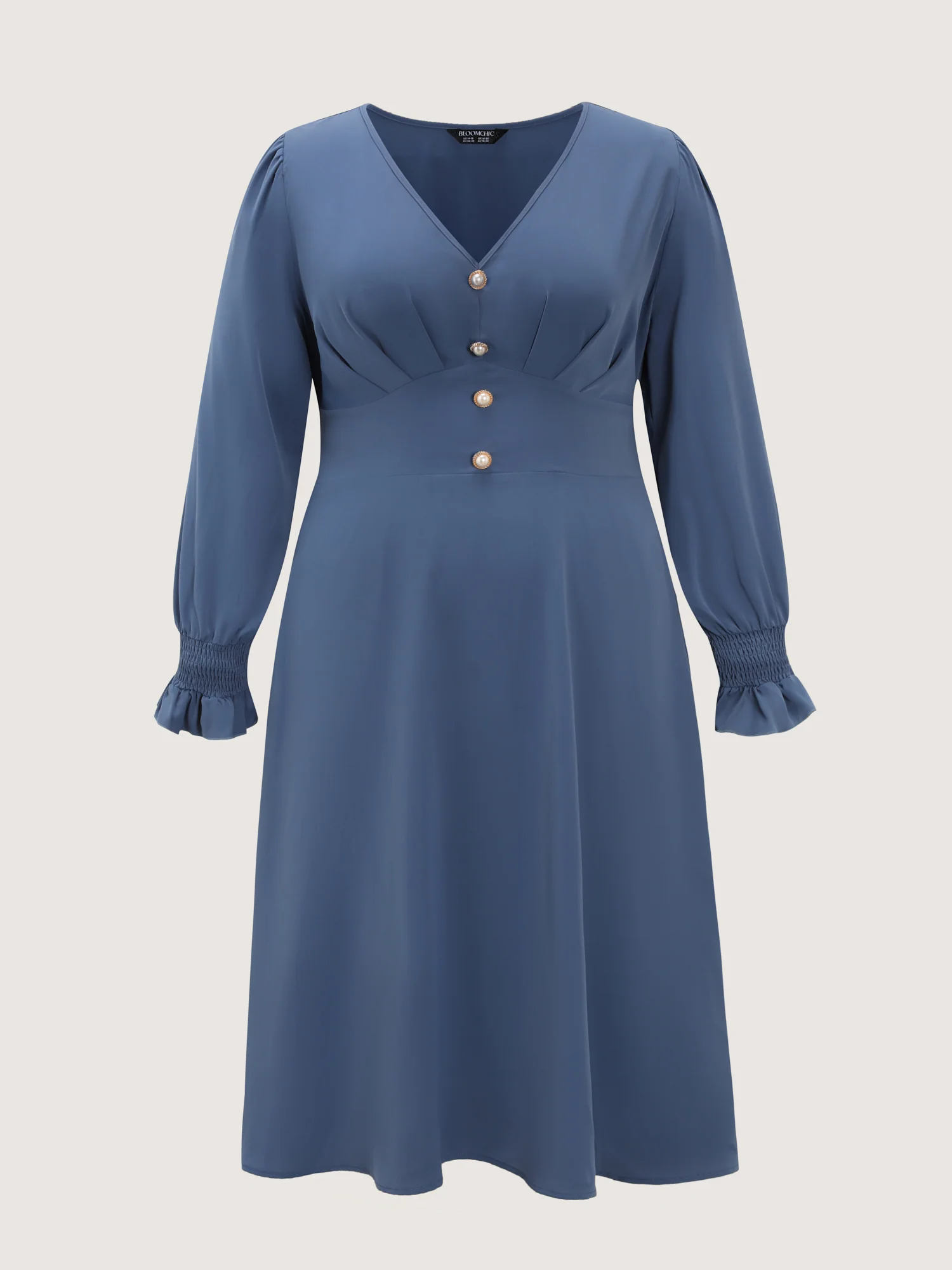Pearl Metal Trim Buttons Shirred Midi Dress - Image 6