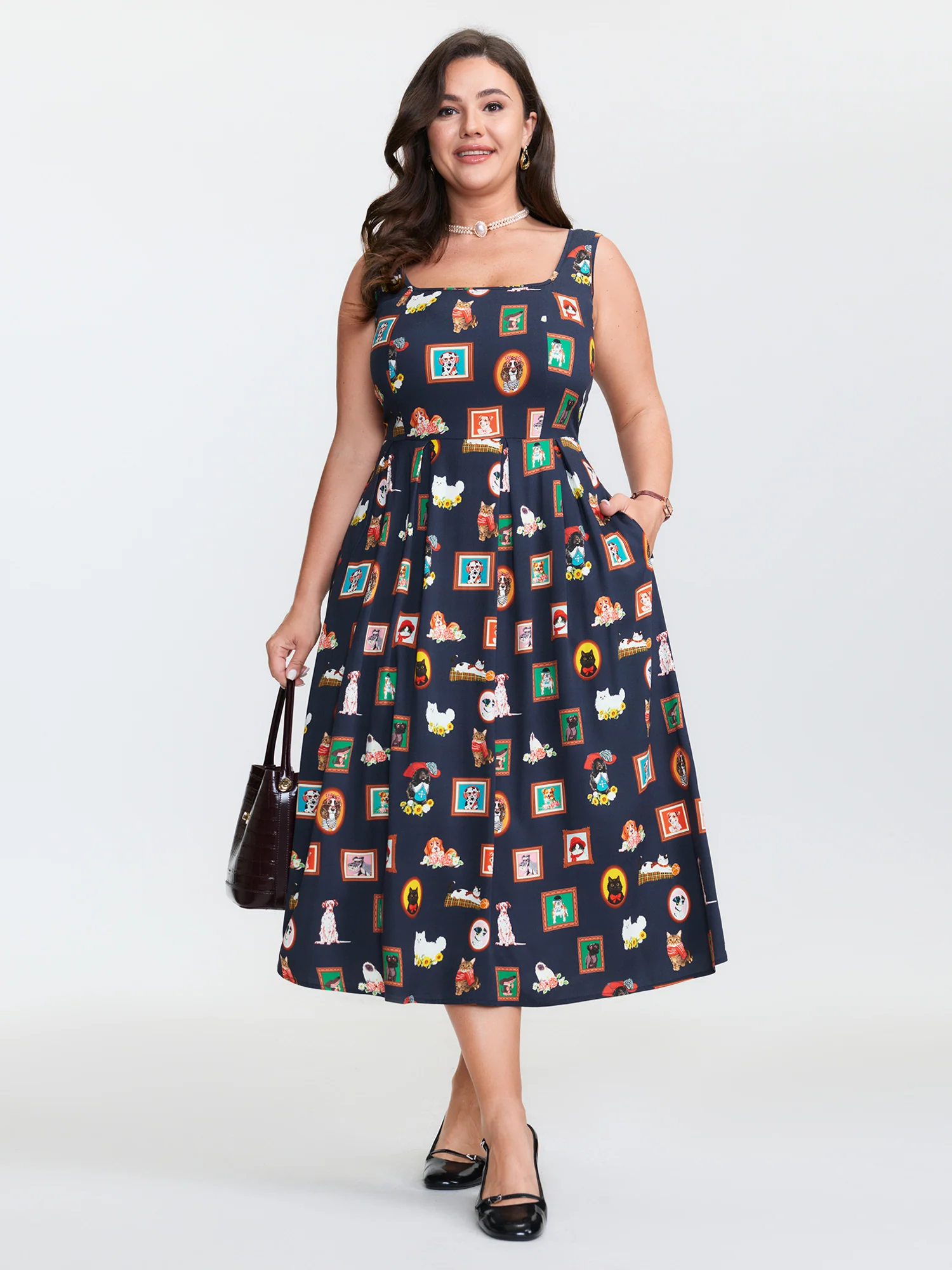 Pet Print Shirred Stretchy Back Midi Dress - Image 3