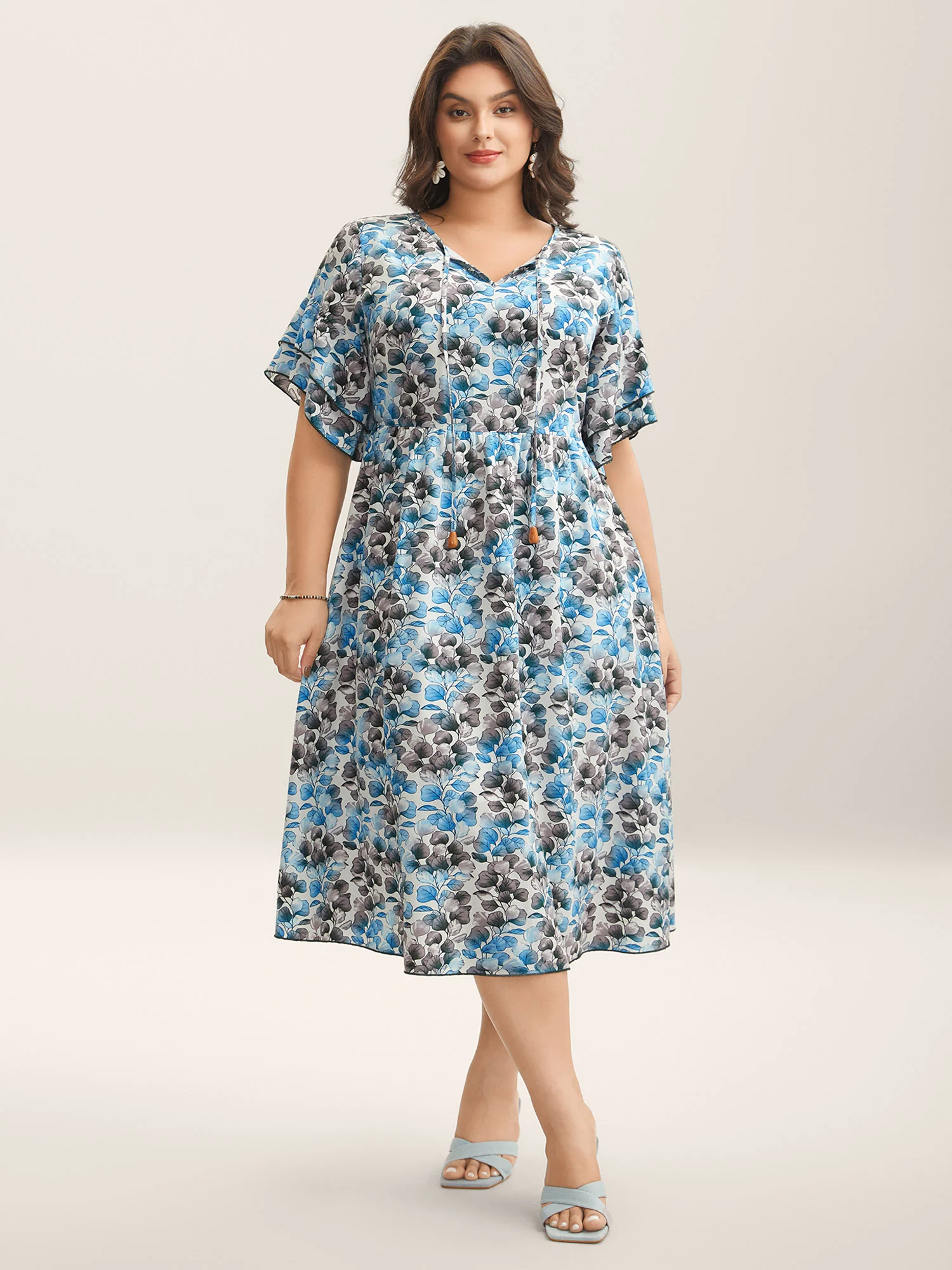 Petal Print Layered Sleeve Pockets Midi Dress - Image 3