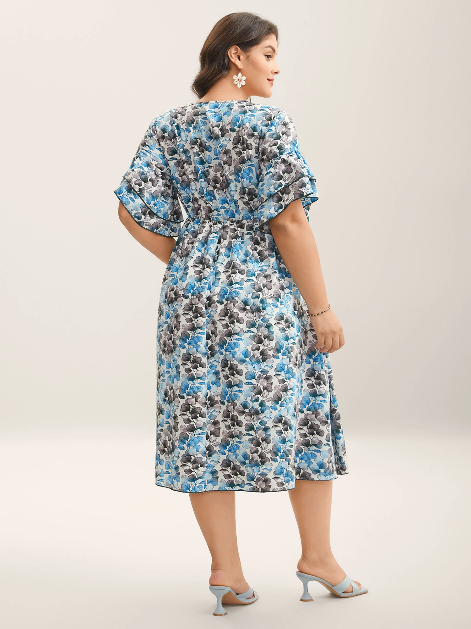 Petal Print Layered Sleeve Pockets Midi Dress - Image 4