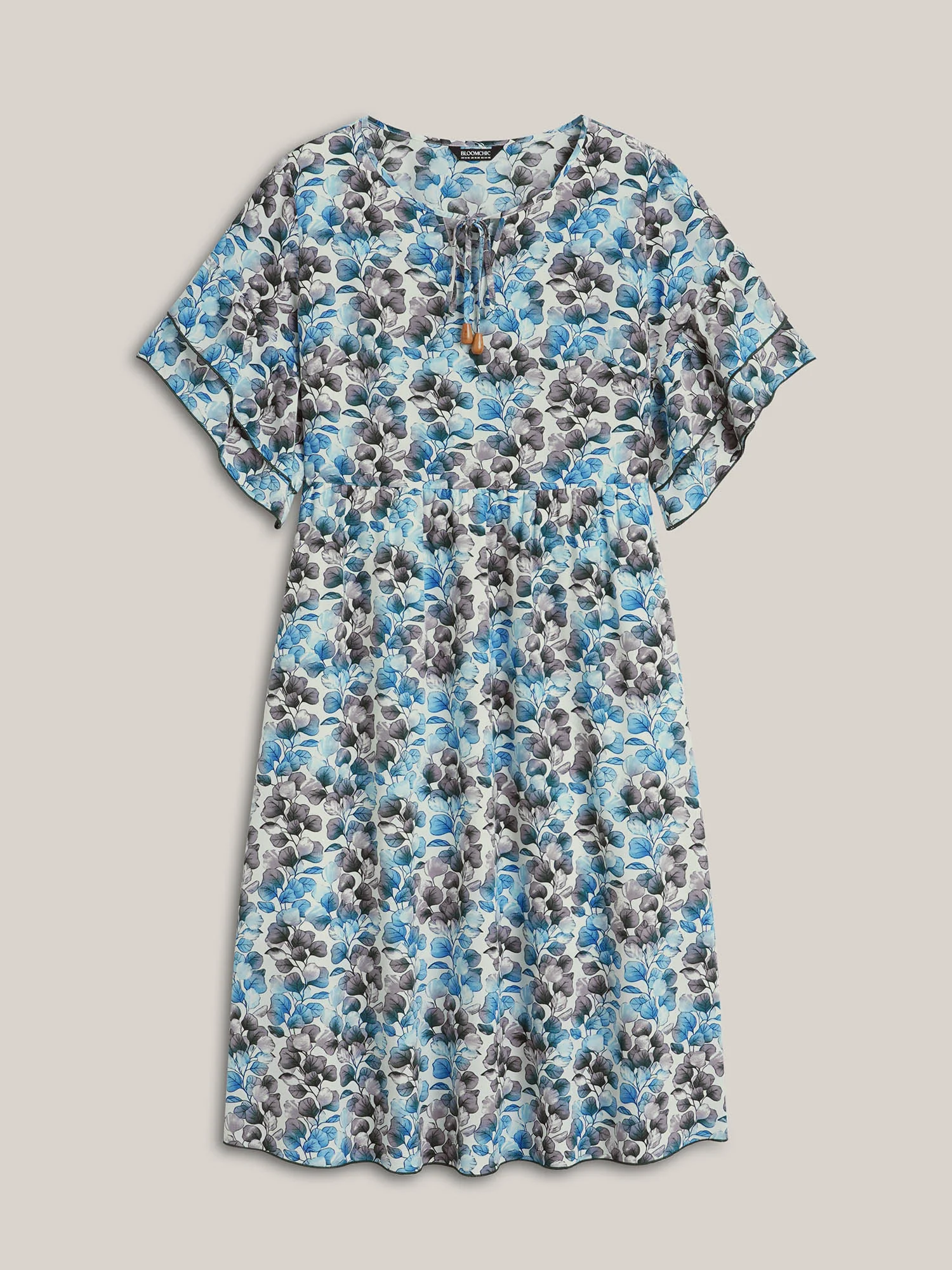 Petal Print Layered Sleeve Pockets Midi Dress - Image 7