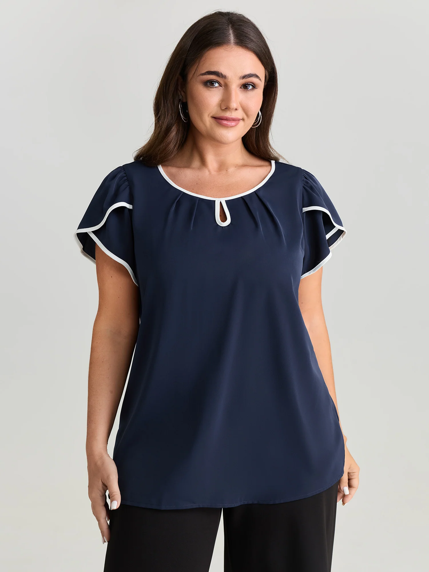 Petal Sleeve Color Contrast Plain Blouse - Image 2