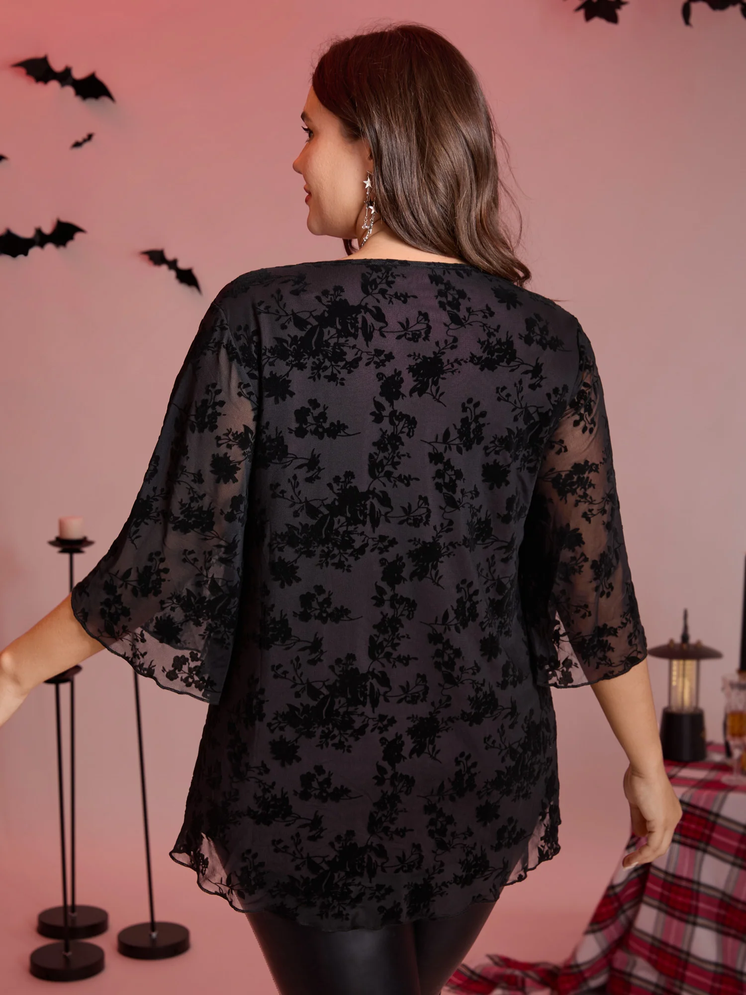 Petal Sleeve Curvy Hem Mesh Knit Top - Image 4