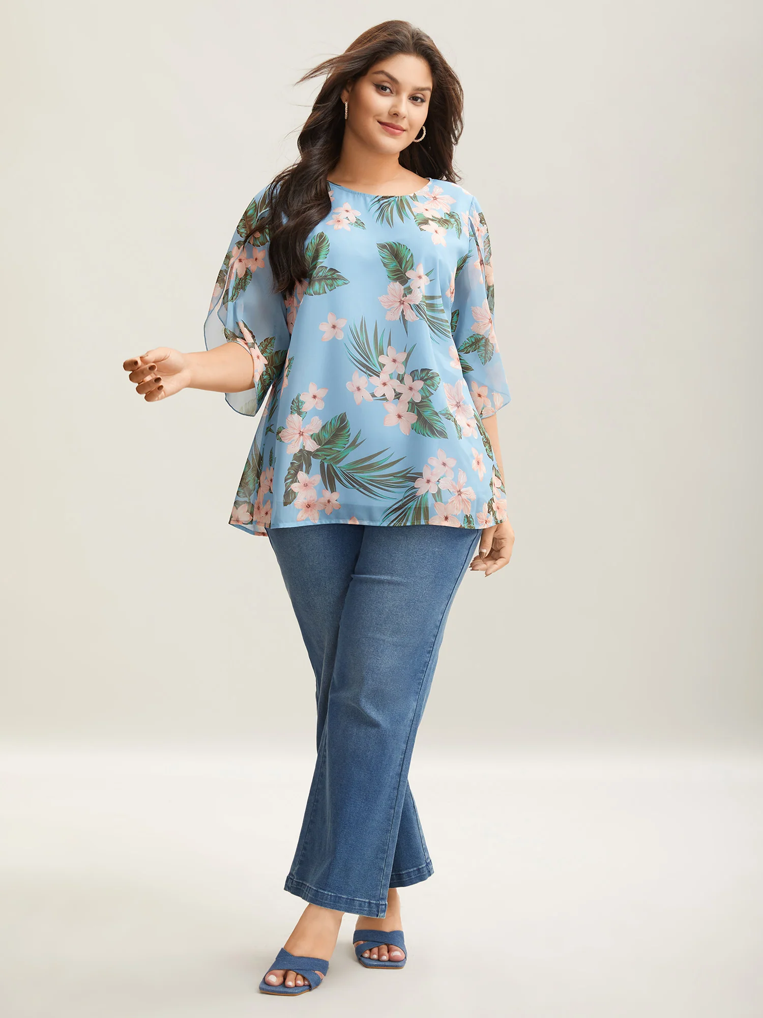 Petal Sleeve Floral Round Neck Shirt - Image 10