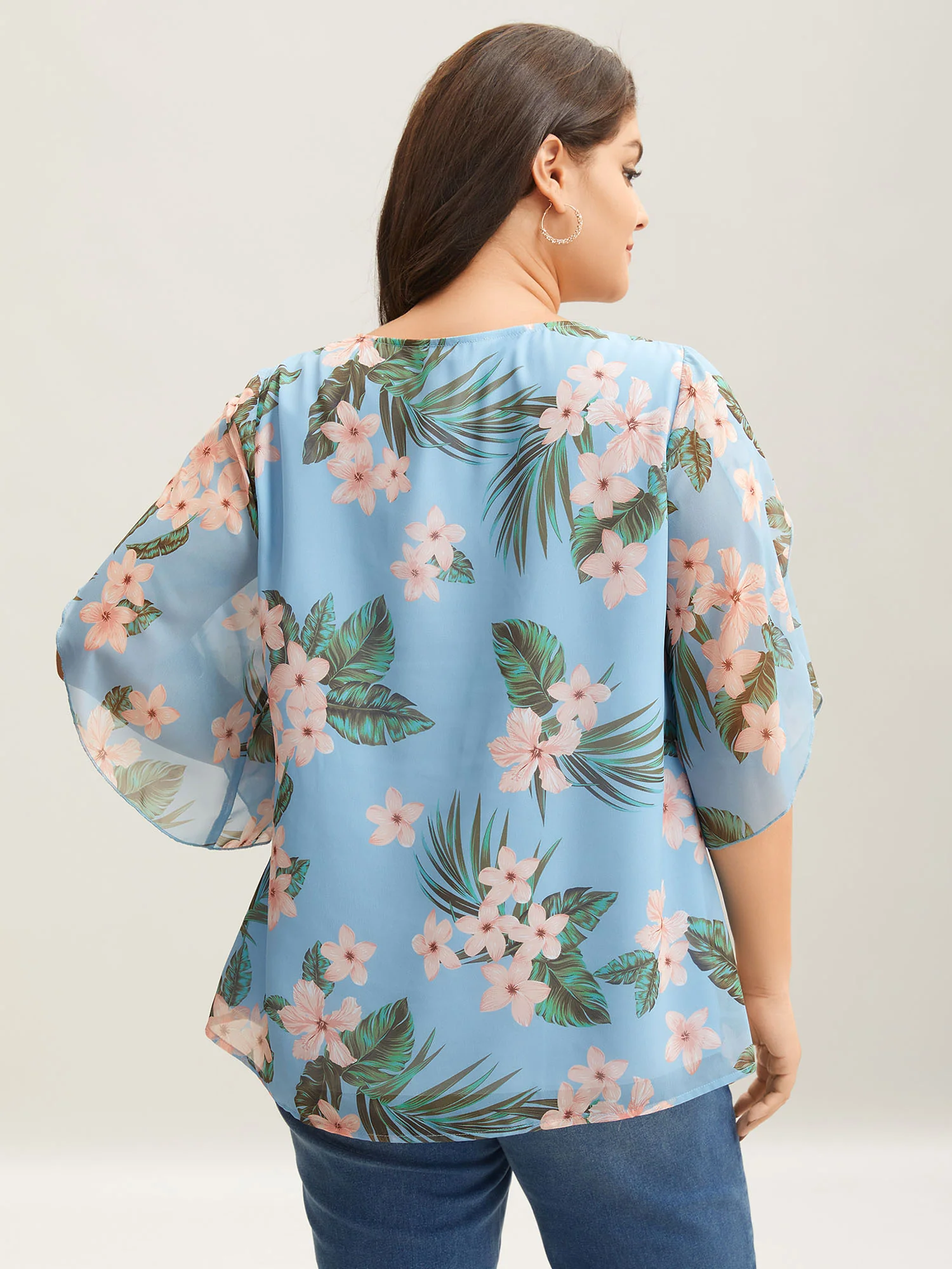 Petal Sleeve Floral Round Neck Shirt - Image 12