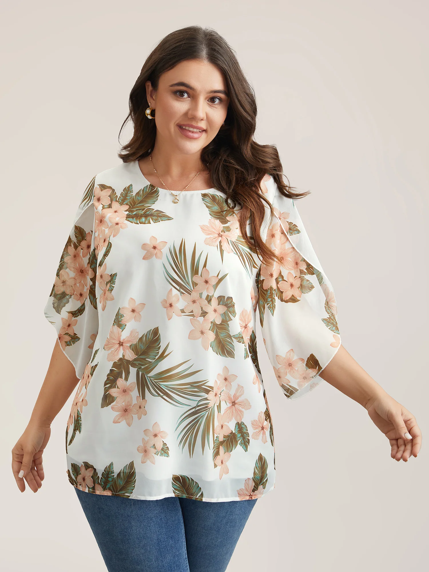 Petal Sleeve Floral Round Neck Shirt - Image 2