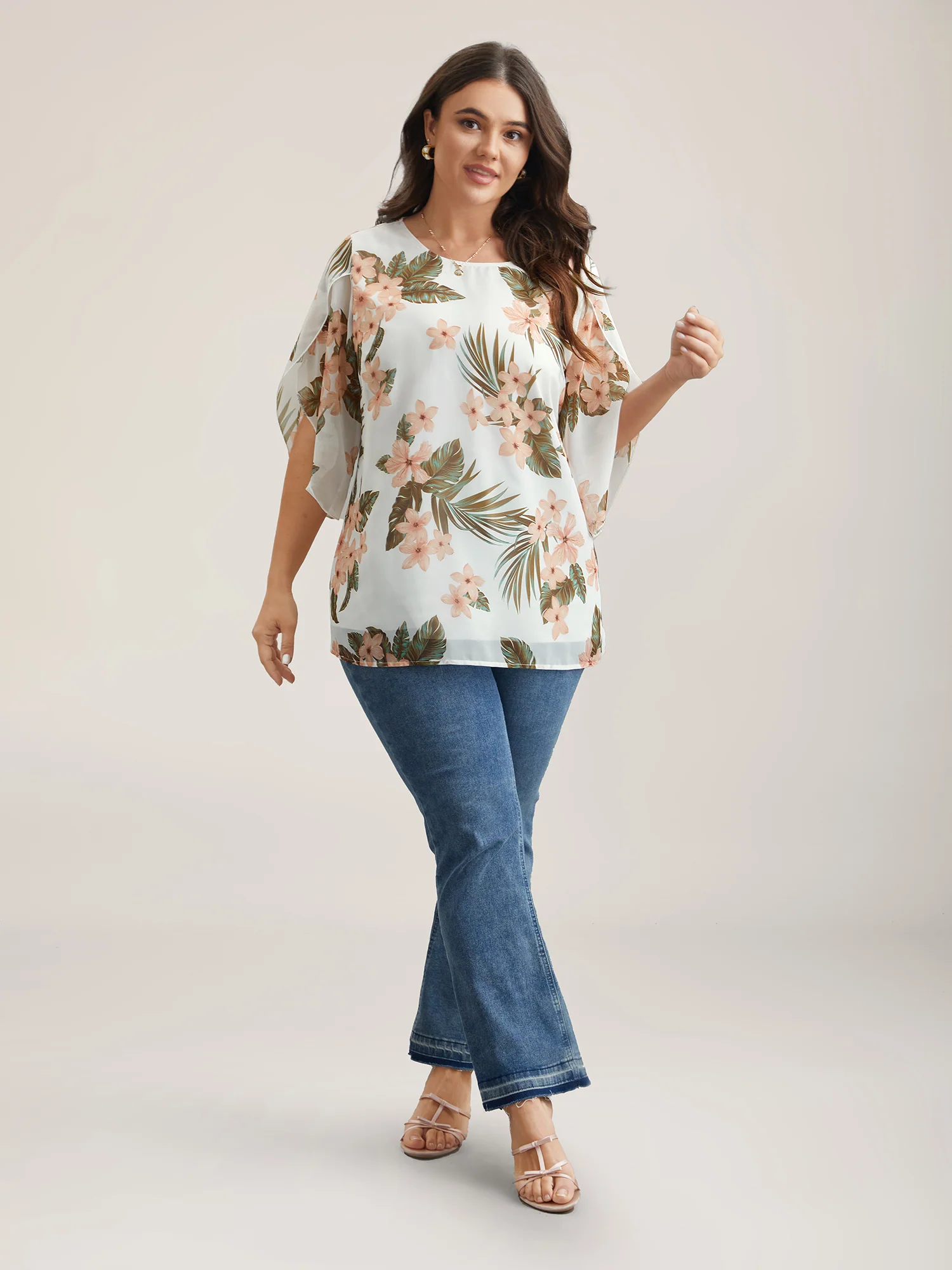 Petal Sleeve Floral Round Neck Shirt - Image 3