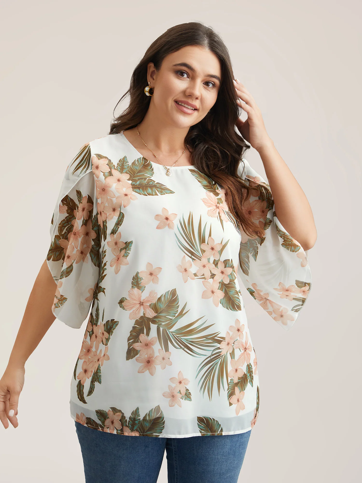 Petal Sleeve Floral Round Neck Shirt - Image 4