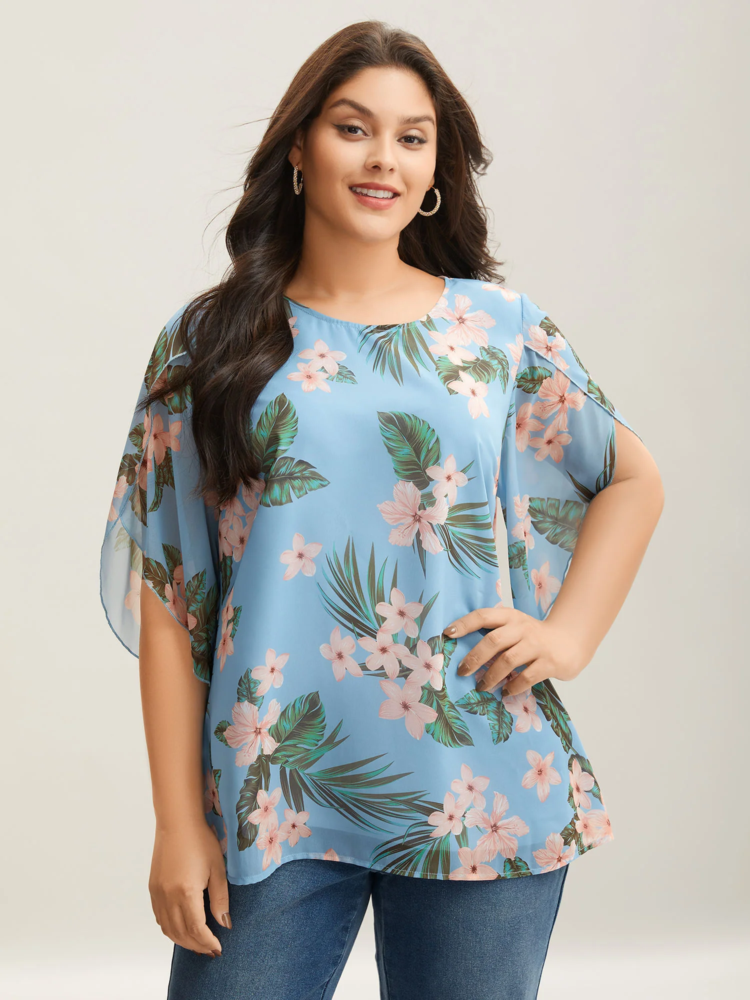 Petal Sleeve Floral Round Neck Shirt - Image 9