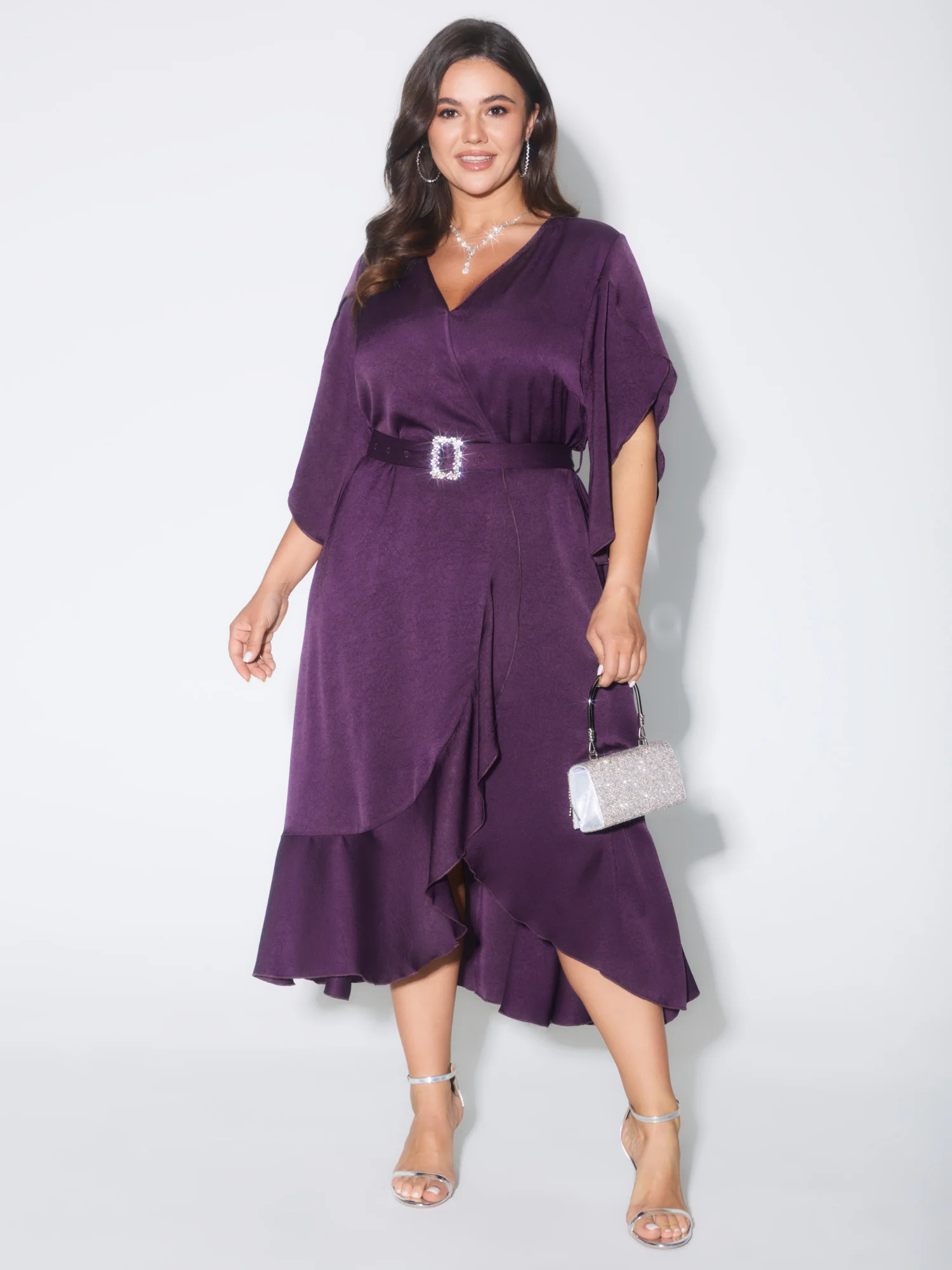 Petal Trim Sleeve Belted Waist Midi Dress - Image 3