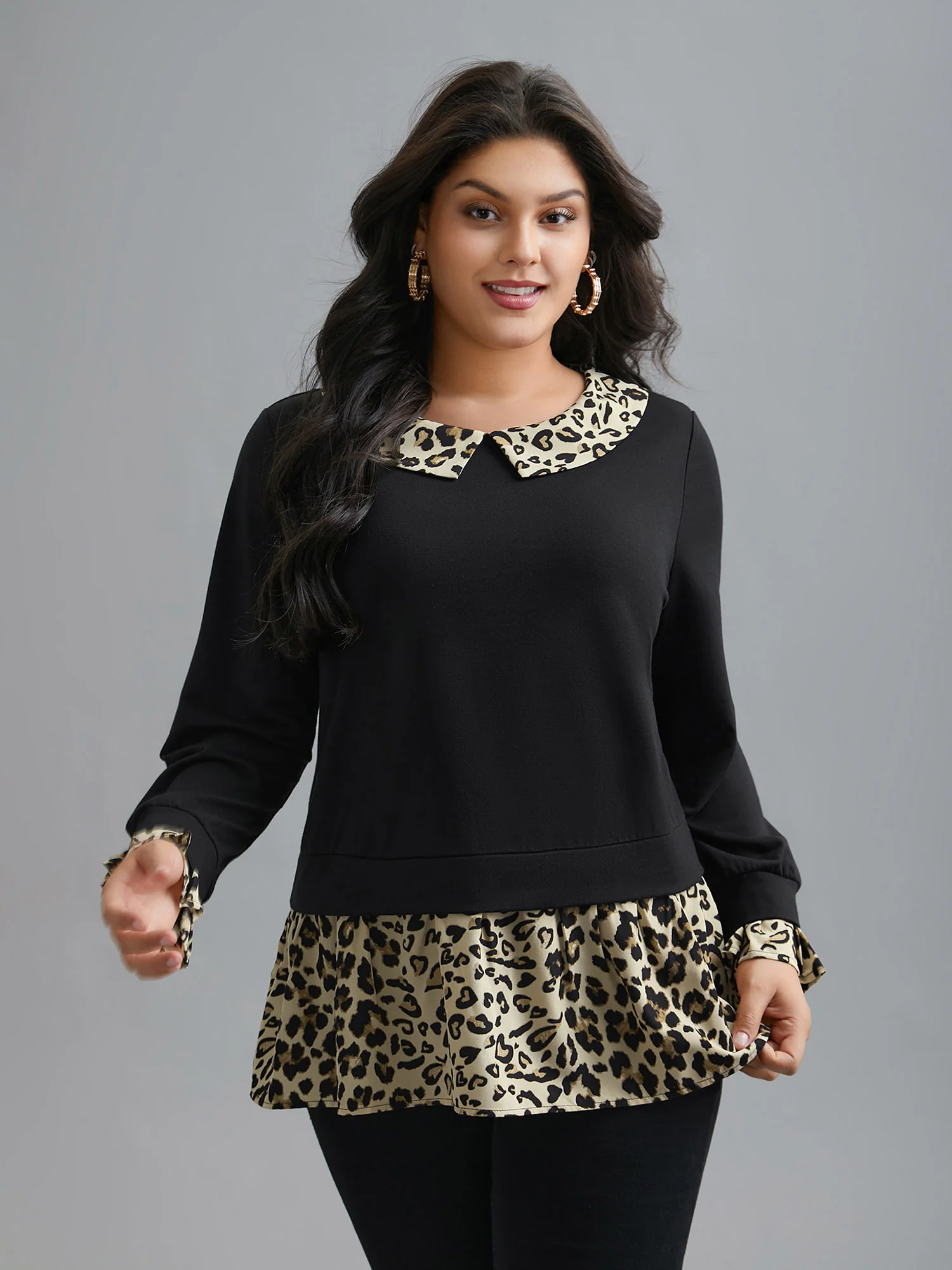 Peter Pan Collar Leopard Print Patchwork Sweatshirt - Image 2