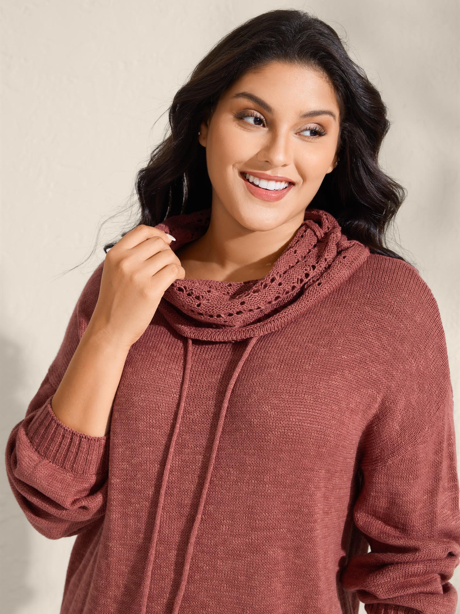 Piled Collar Cut-Out Solid Lightweight Pullover - Image 2