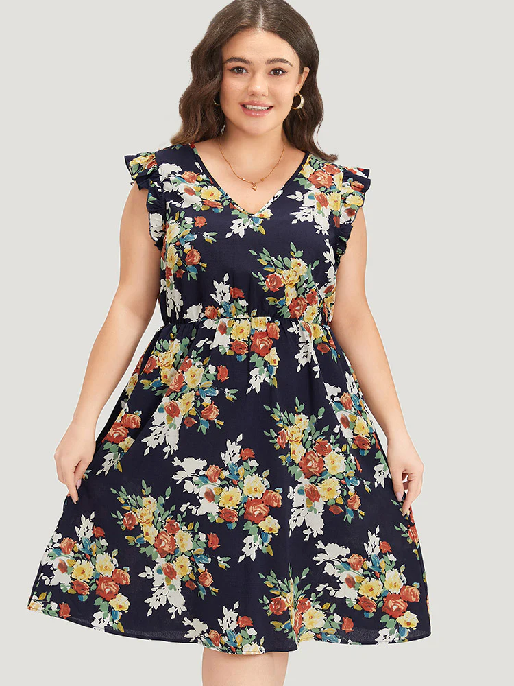 Pixel Flower Print Ruffle Cap Sleeve Pocket Dress - Image 3