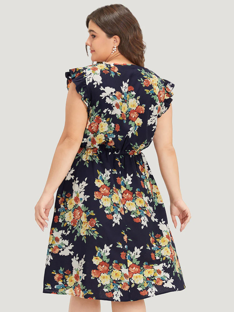 Pixel Flower Print Ruffle Cap Sleeve Pocket Dress - Image 4