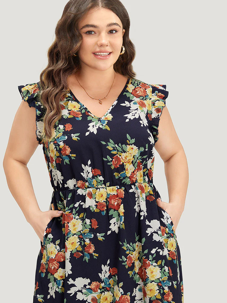 Pixel Flower Print Ruffle Cap Sleeve Pocket Dress - Image 5