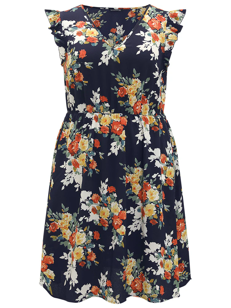 Pixel Flower Print Ruffle Cap Sleeve Pocket Dress - Image 9