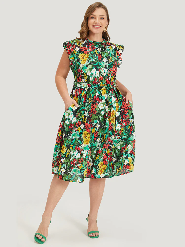 Pixel Flower Ruffle Trim Pocket Belt  Mock Neck Knee Dress - Image 2