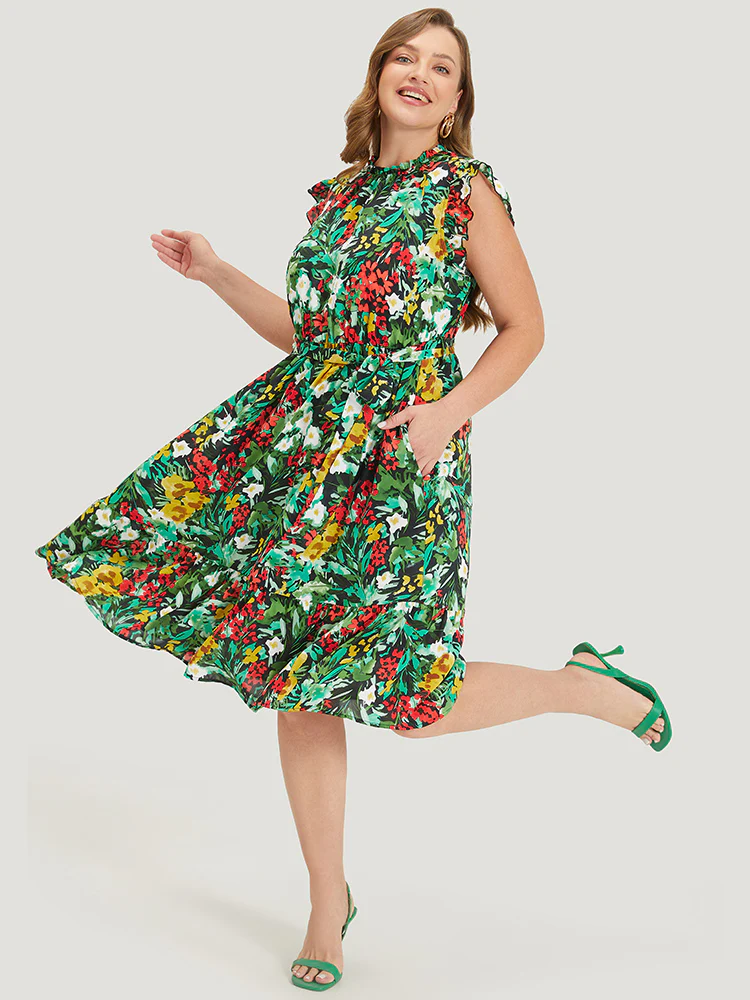 Pixel Flower Ruffle Trim Pocket Belt  Mock Neck Knee Dress - Image 3