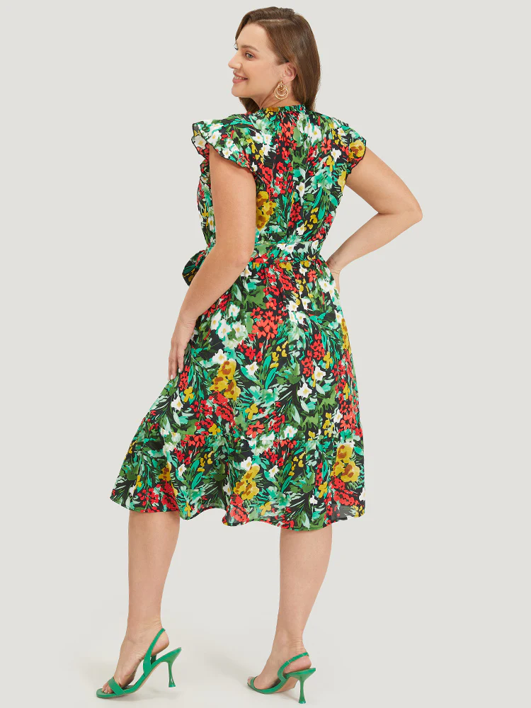 Pixel Flower Ruffle Trim Pocket Belt  Mock Neck Knee Dress - Image 4