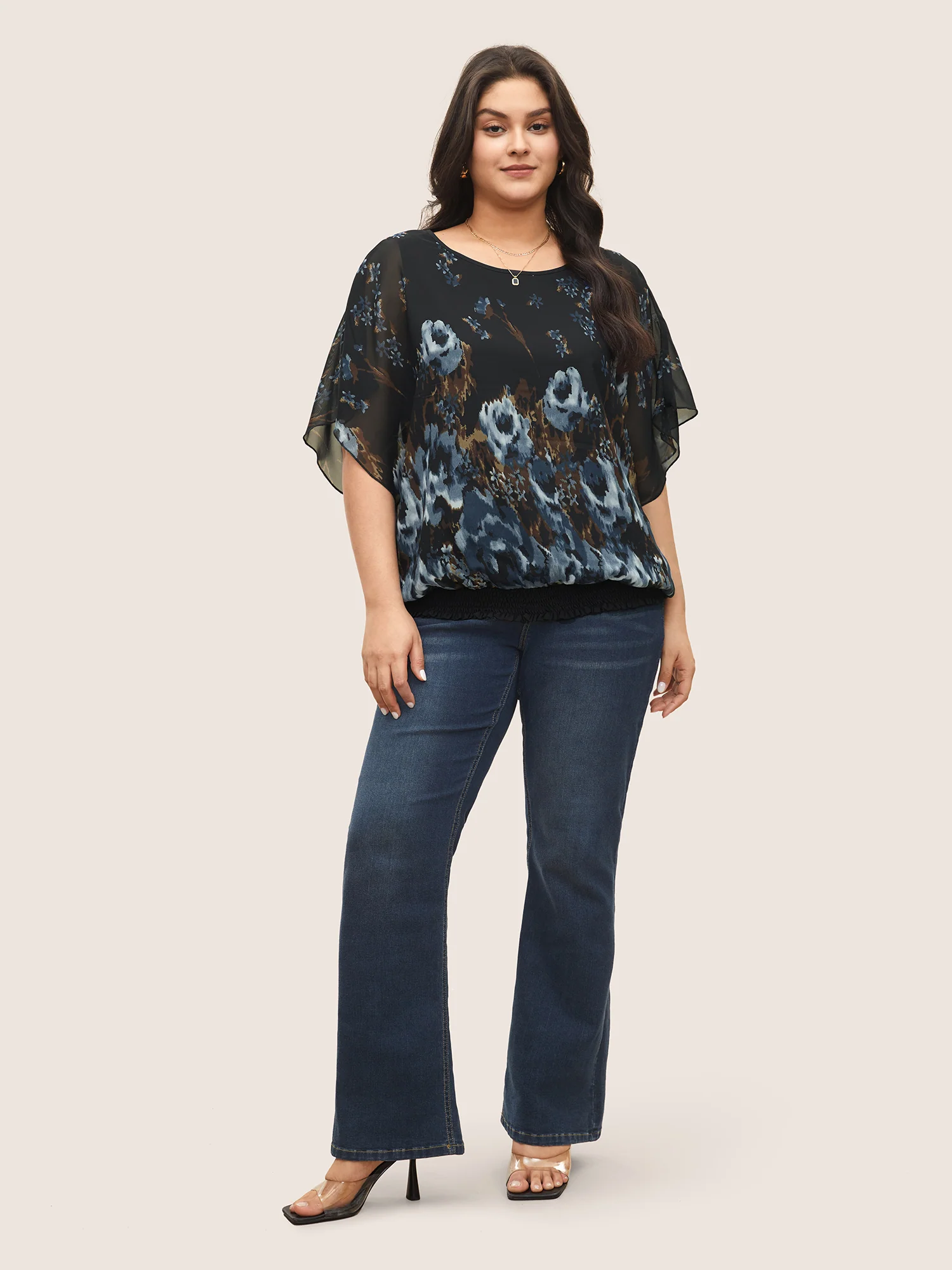 Pixel Flower Shirred Batwing Sleeve Blouse - Image 2