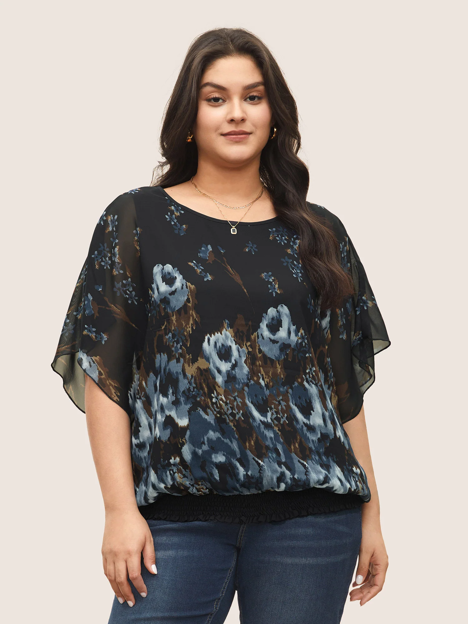 Pixel Flower Shirred Batwing Sleeve Blouse - Image 4