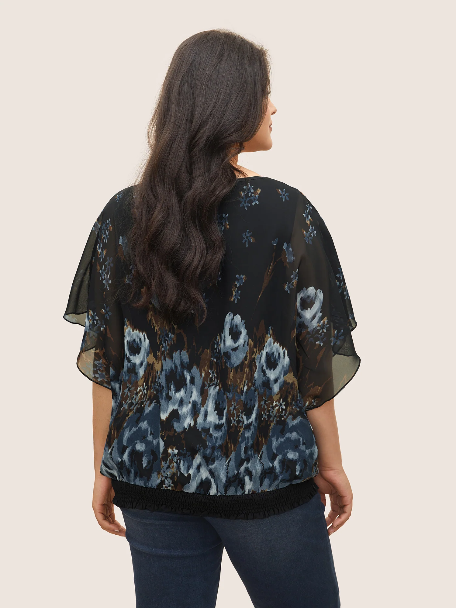 Pixel Flower Shirred Batwing Sleeve Blouse - Image 5