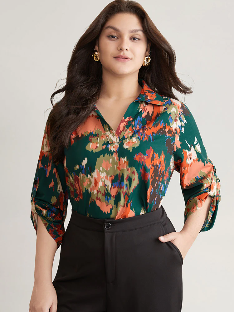 Pixel Flower Shirt Collar Tab Sleeve Blouse - Image 2